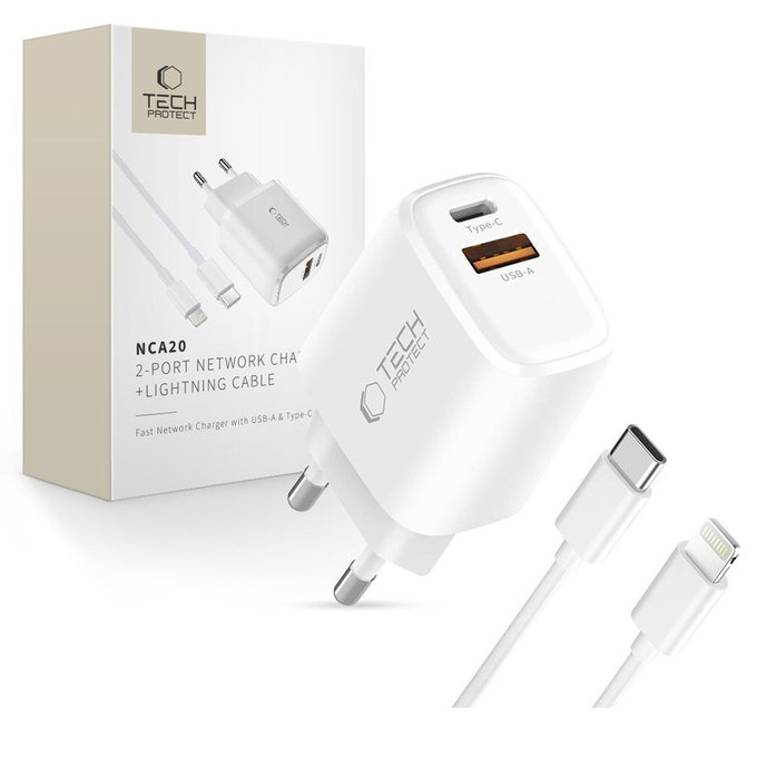 Încărcător de rețea NCA20 2-PORT PD 20W / QC3.0 + Lightning Cable, albă, Tech-Protect