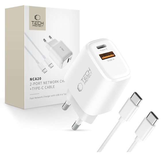 Încărcător de rețea NCA20 2-PORT PD 20W / QC3.0 + USB-C Cable, albă, Tech-Protect