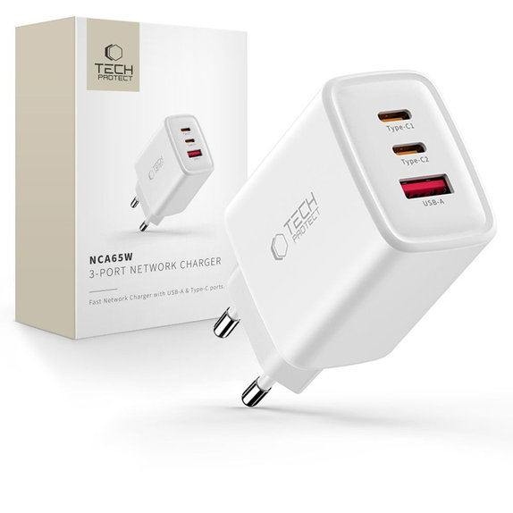 Încărcător de rețea NCA65W-GAN 3-PORT PD 65W / QC3.0, albă, Tech-Protect