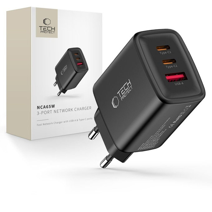 Încărcător de rețea NCA65W-GAN 3-PORT PD 65W / QC3.0, neagră, Tech-Protect