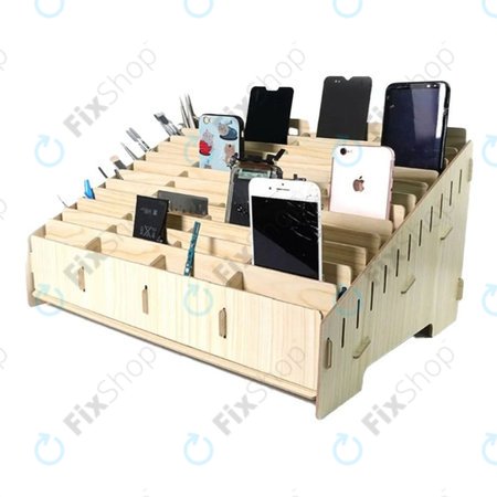 Suport / Organizator universal din lemn pentru 48 de telefoane