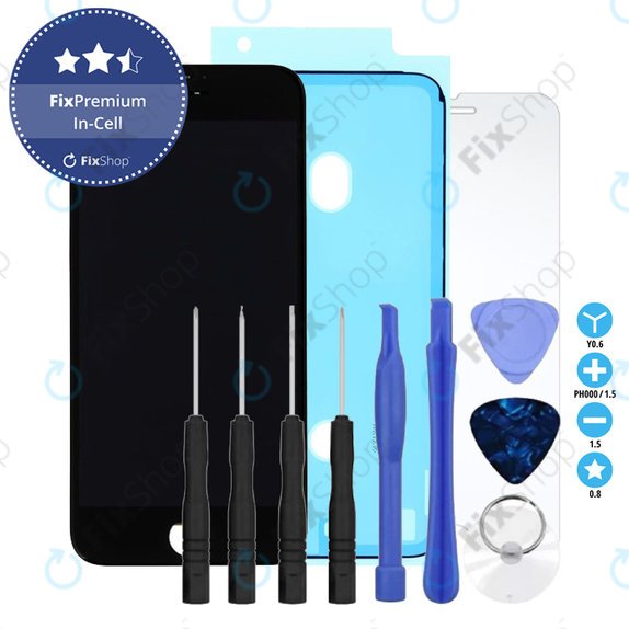 Ecran In-Cell pentru iPhone 8, SE (2020), SE (2022), Black, Sticlă tactilă cu ramă, Adeziv (Adhesive), Sticlă temperată, Unelte, FixPremium